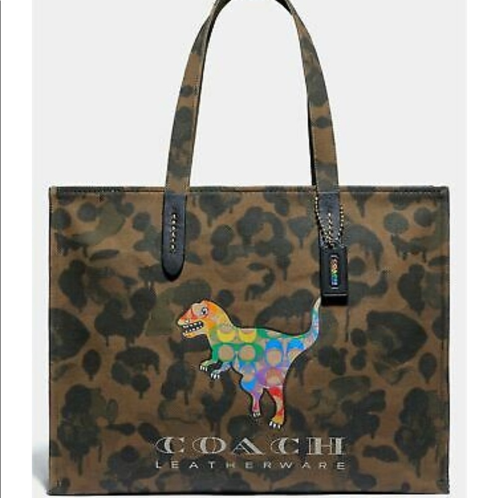 Coach camo canvas tote 42 with rainbow Rexy NWT